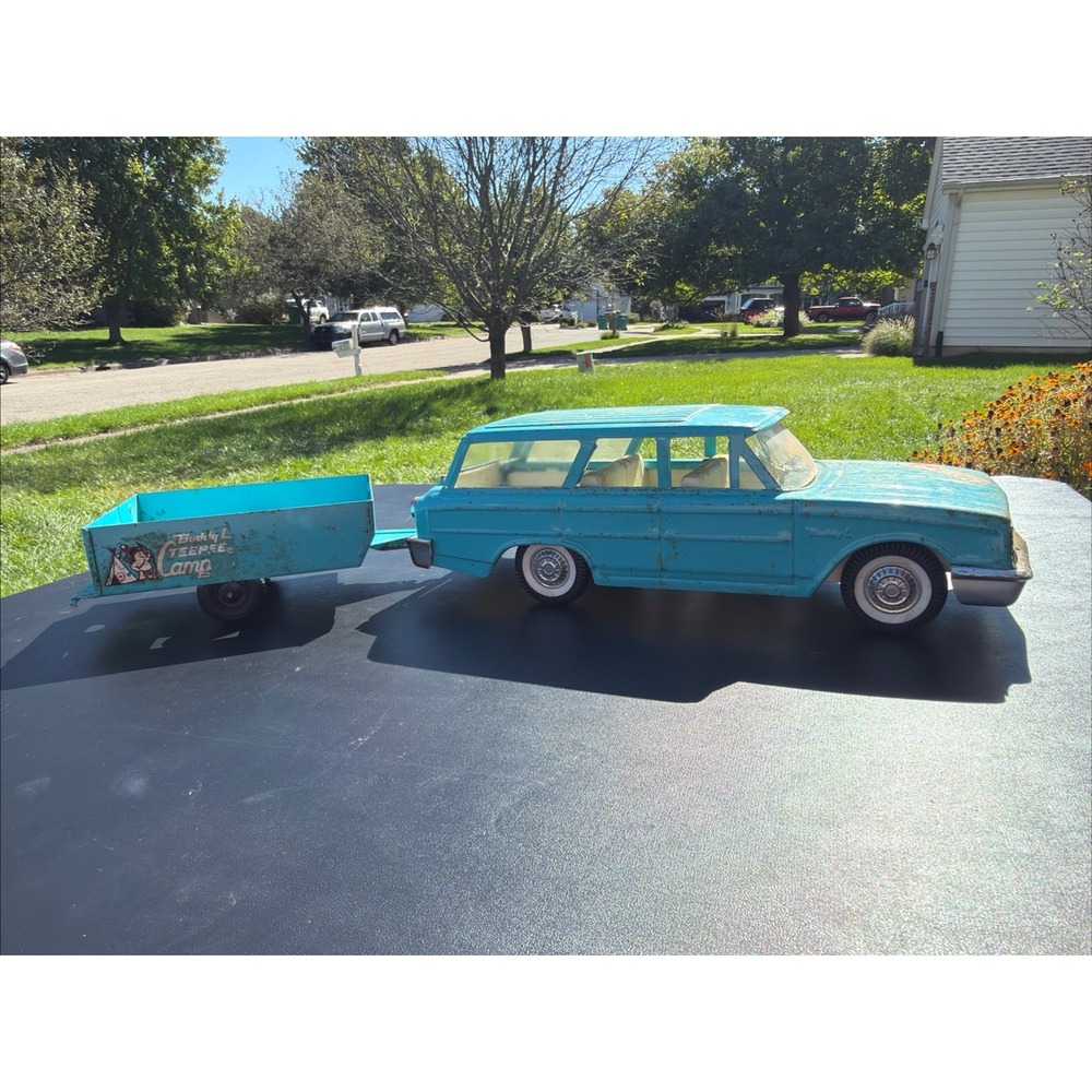 Vintage Buddy L Teepee Camper Station Wagon Trailer Tin Toy Set Patina